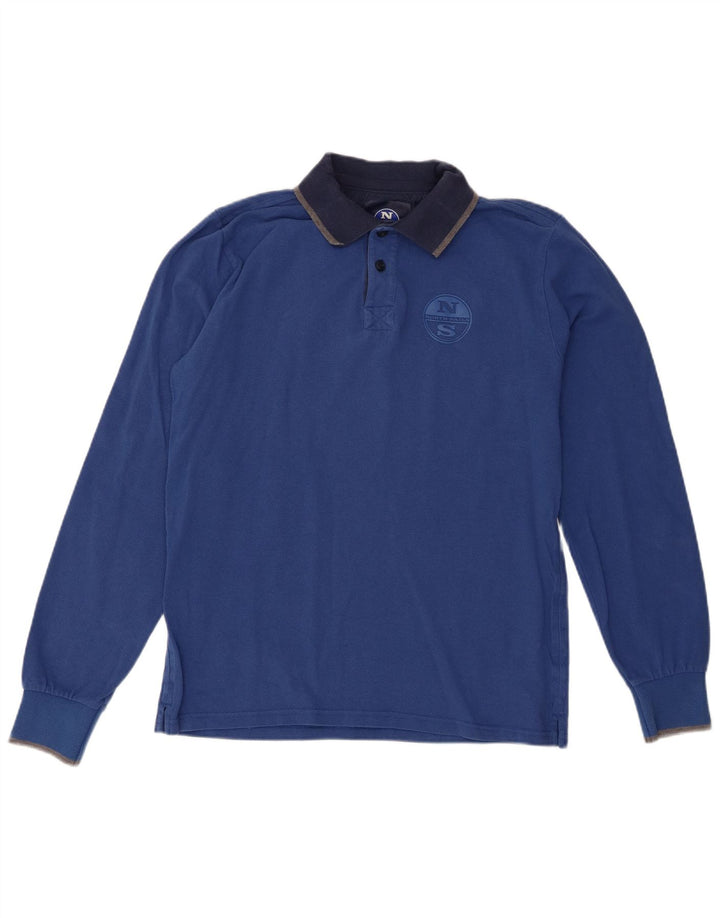 North Sails Herren-Langarm-Rugby-Poloshirt aus mittelblauer Baumwolle
