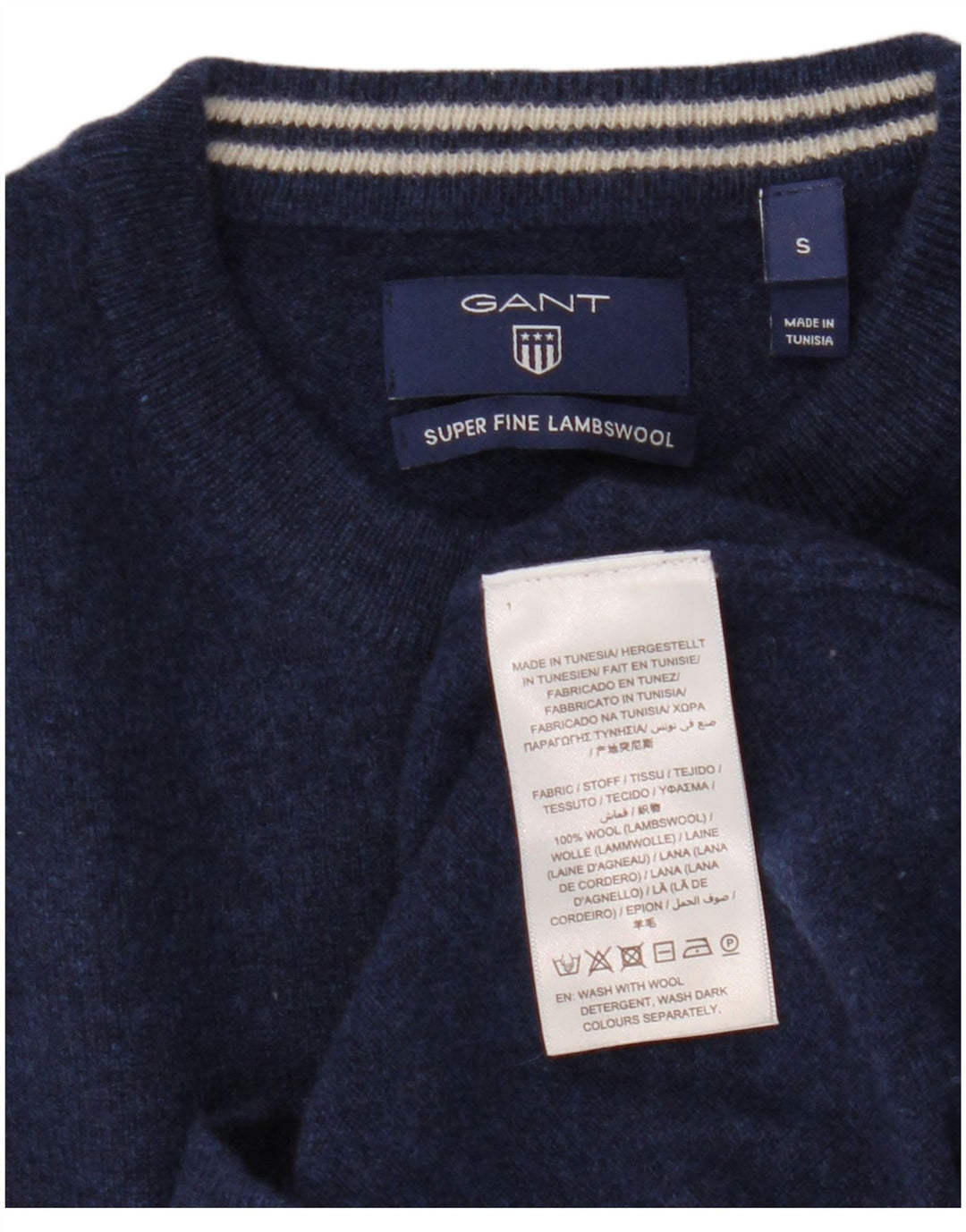 Gant Herren-Pullover mit Rundhalsausschnitt, Größe S, marineblaue Wolle