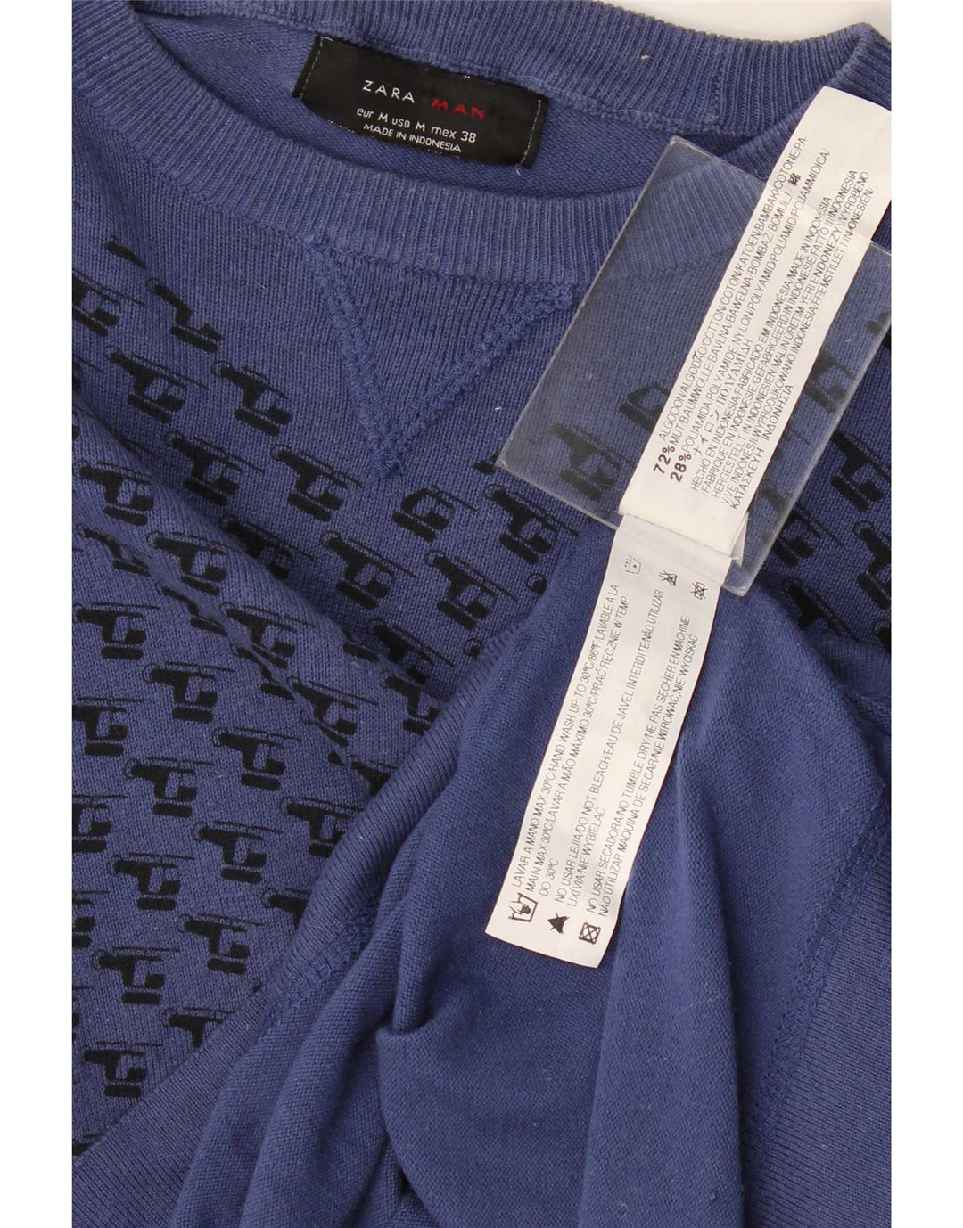 Zara Herren-Oberteil mit Grafik, langärmelig, mittelgroß, marineblau, geometrische Baumwolle