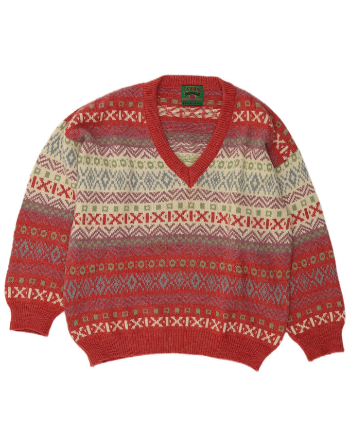Vintage Herren Pullover mit V-Ausschnitt, groß, mehrfarbig, Fair-Isle-Wolle
