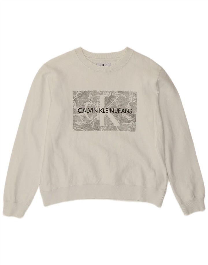 Calvin Klein Damen Grafik-Sweatshirt-Pullover UK 10 Small Weiße Baumwolle