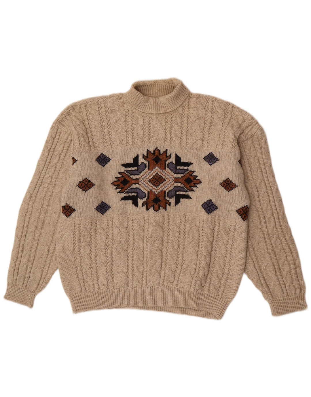 Vintage Herren Rollkragenpullover Pullover Medium Beige Geometrisch