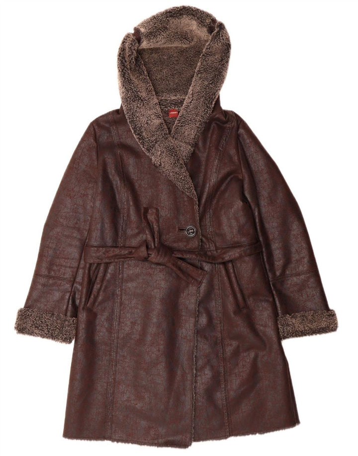OLSEN Womens Sherpa Hooded Overcoat UK 14 Large Braun Polyester