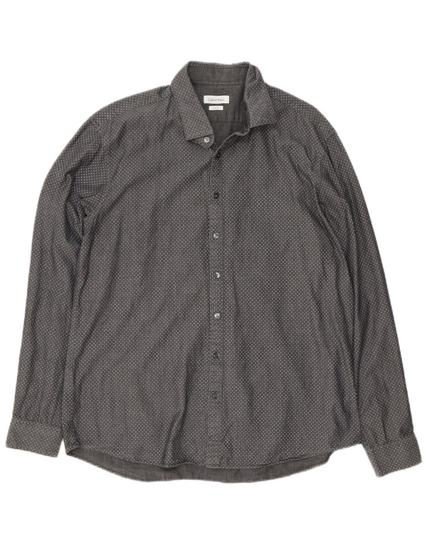 Calvin Klein Herren Slim Fit Hemd Größe 43 17 XL Graue geometrische Baumwolle