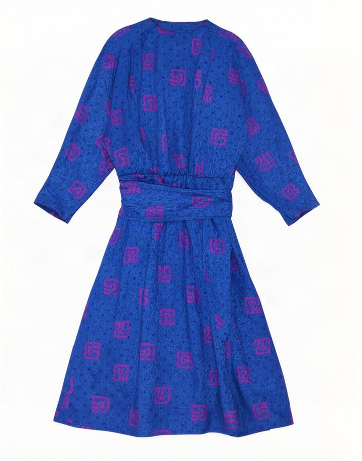 Vintage Damen Maxikleid mit abstraktem Muster, langärmlig, Gr. 10, klein, Blau