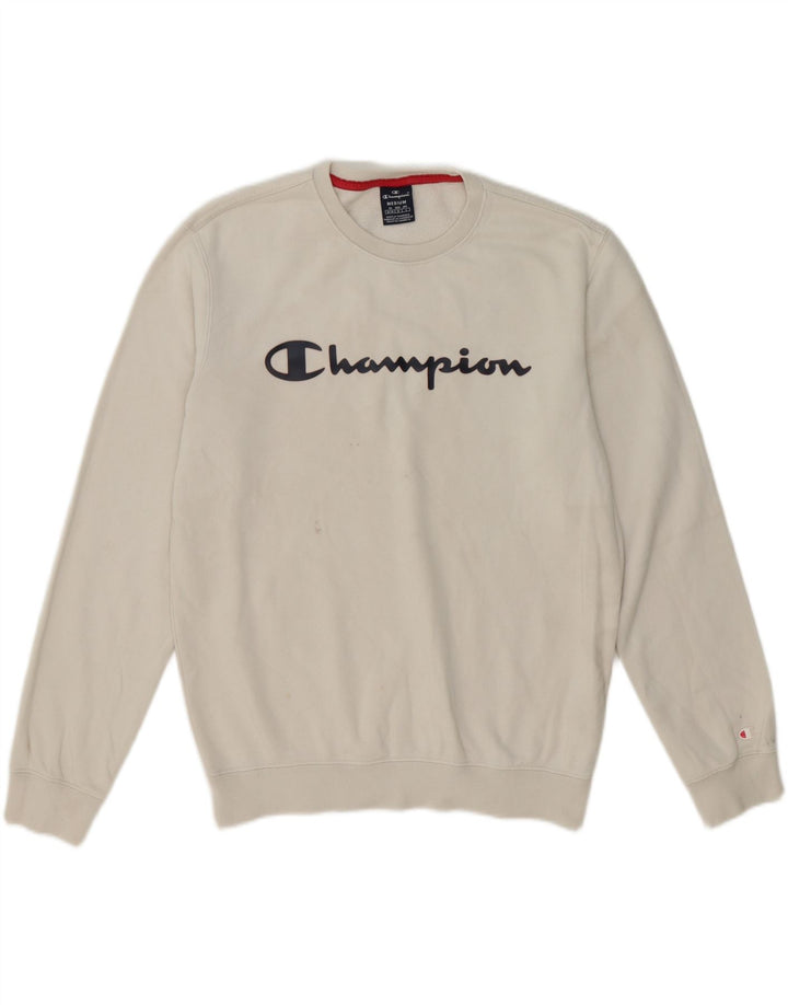 CHAMPION Mens Graphic Sweatshirt Jumper Medium White Cotton Vintage Champion and Second-Hand Champion from Messina Hembry 