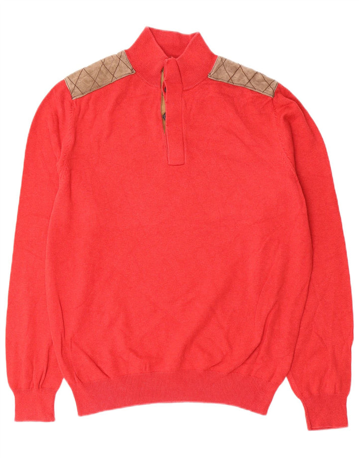 Massimo Dutti Herren-Pullover mit Knopfkragen, groß, rote Baumwolle in Blockfarben