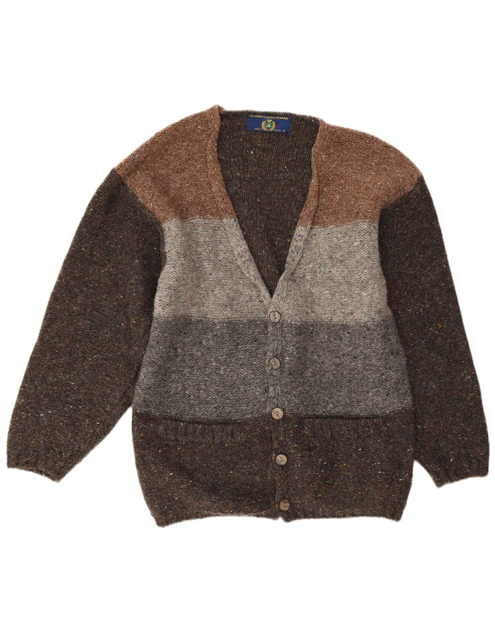 Blarney Castle Herren-Cardigan-Pullover aus mittelgrauer Colourblock-Schurwolle