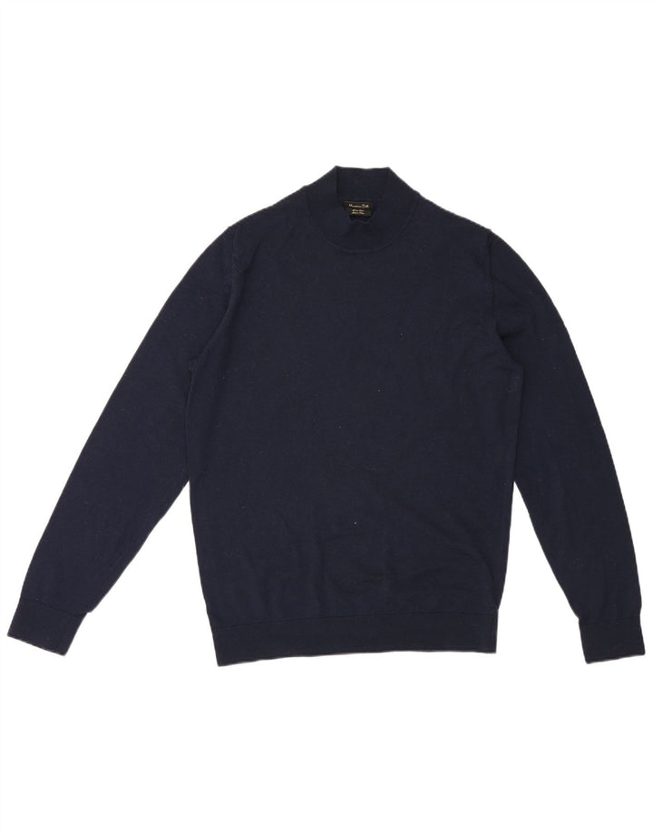 Massimo Dutti Herren-Pullover mit Rollkragen, groß, marineblaue Merinowolle