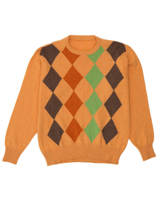 Vintage Mens Crew Neck Jumper Sweater Medium Orange Argyle/Diamond