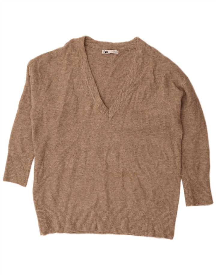 Zara Damen-Pullover, übergroß, lang geschnitten, mit V-Ausschnitt, Gr. 16, Braun