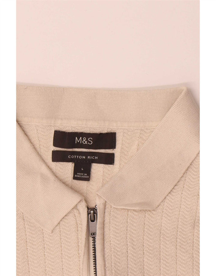 Marks & Spencer Herren-Poloshirt, groß, beige, Fischgrätenmuster, Baumwolle