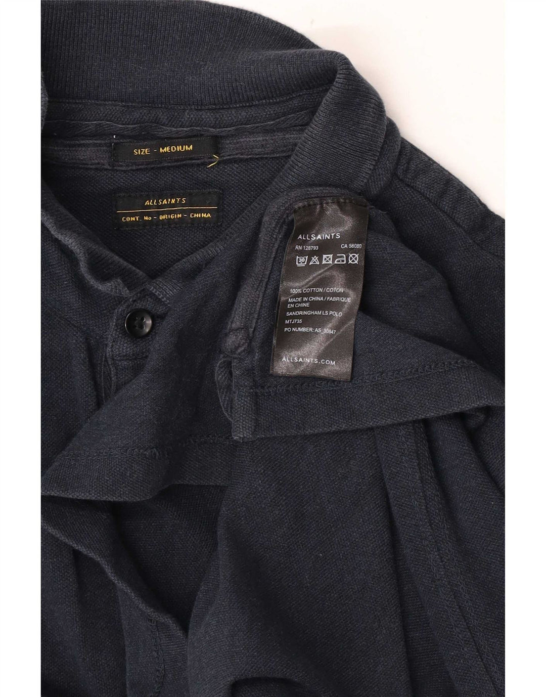 All Saints Herren-Langarm-Poloshirt, mittelmarineblaue Baumwolle