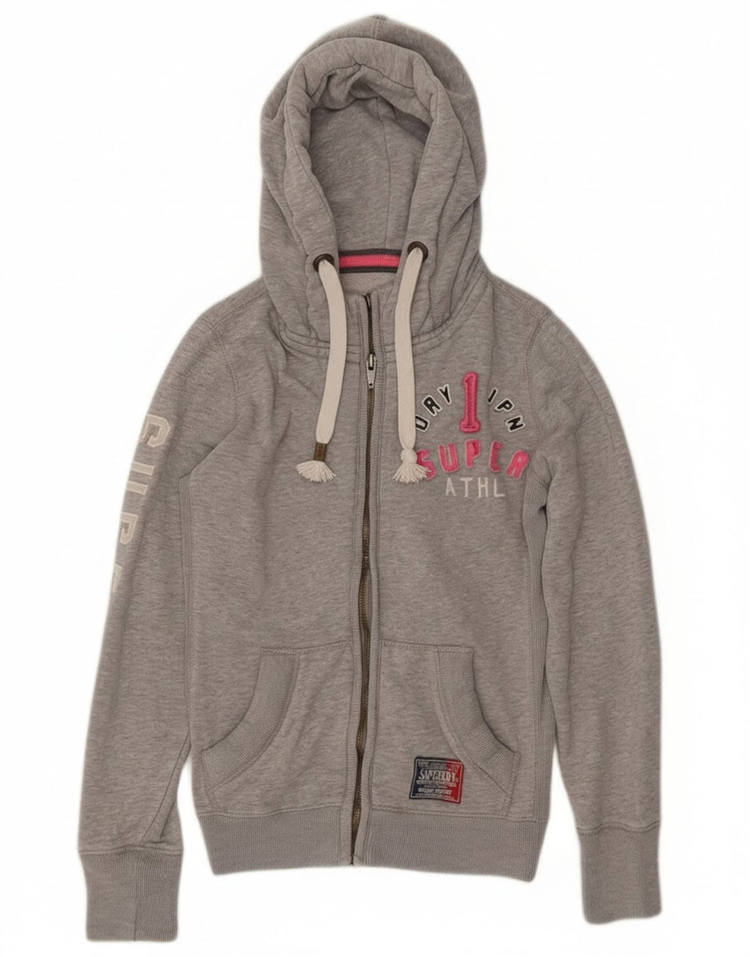 Superdry Damen Graphic Zip Hoodie Pullover UK 14 Mittelgraue Baumwolle