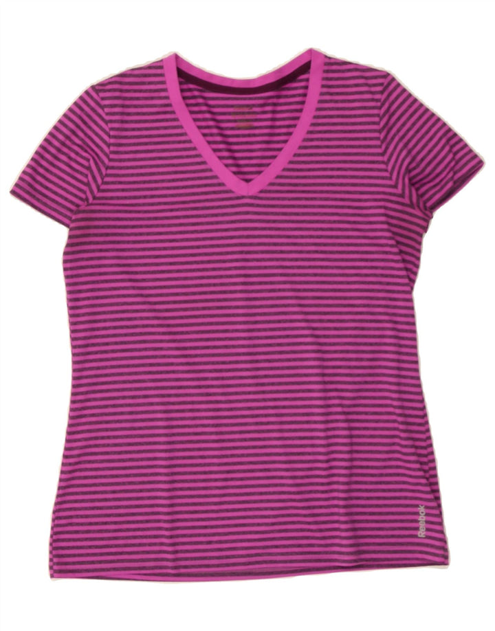 REEBOK Womens T-Shirt Top UK 16 Large Pink Striped Vintage Reebok and Second-Hand Reebok from Messina Hembry 
