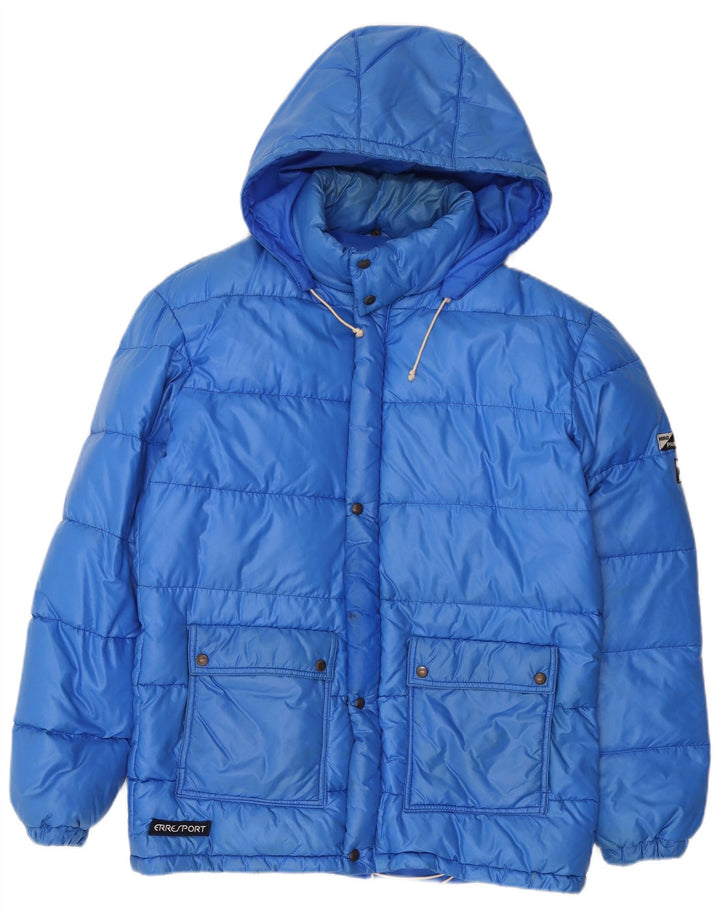 Wattierte Vintage-Herrenjacke mit Kapuze, UK 38, mittelblaues Polyamid