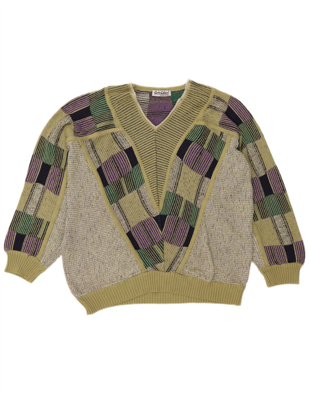 Carlo Colucci Herren-Pullover mit V-Ausschnitt, mittelgrün, geometrisch