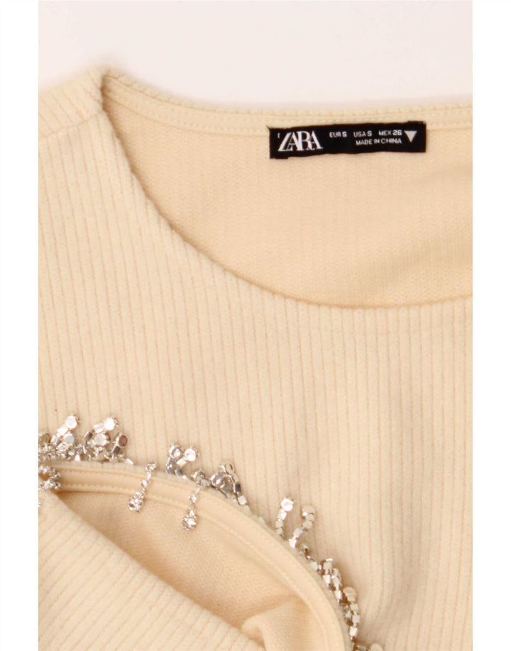 Zara Damen Langarm-Crop-Top UK 8 Small Off White