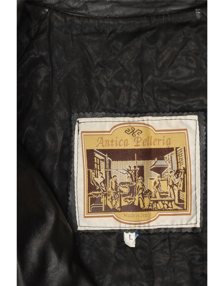 ANTICA PELLERIA Damen Zweireihiger Mantel UK 16 Großes schwarzes Leder
