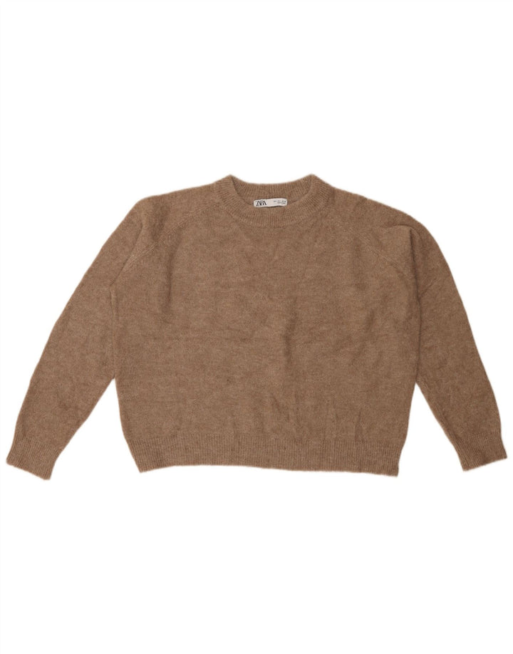 ZARA Damen Crop Crew Neck Pullover Pullover UK 16 Großes braunes Nylon