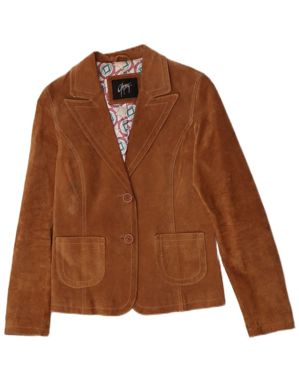 Gipsy Womens 2-Knopf-Wildleder-Blazer-Jacke UK 10 Small Braunes Leder
