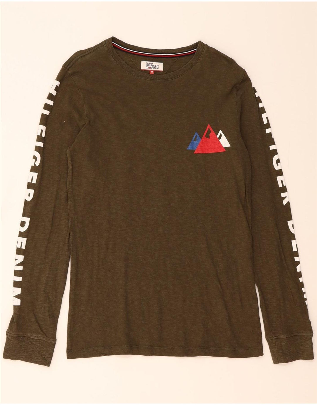 TOMMY HILFIGER Mens Graphic Top Long Sleeve Medium Khaki Cotton Vintage Tommy Hilfiger and Second-Hand Tommy Hilfiger from Messina Hembry 