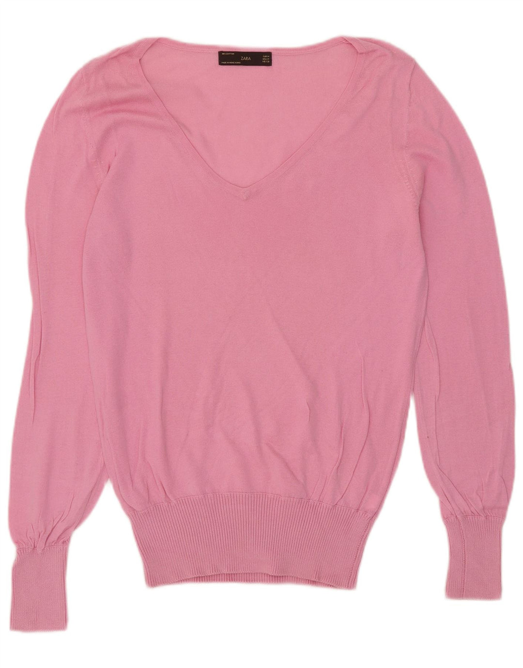 Zara Damen-Pullover mit V-Ausschnitt, UK 14, mittelrosa, Baumwolle