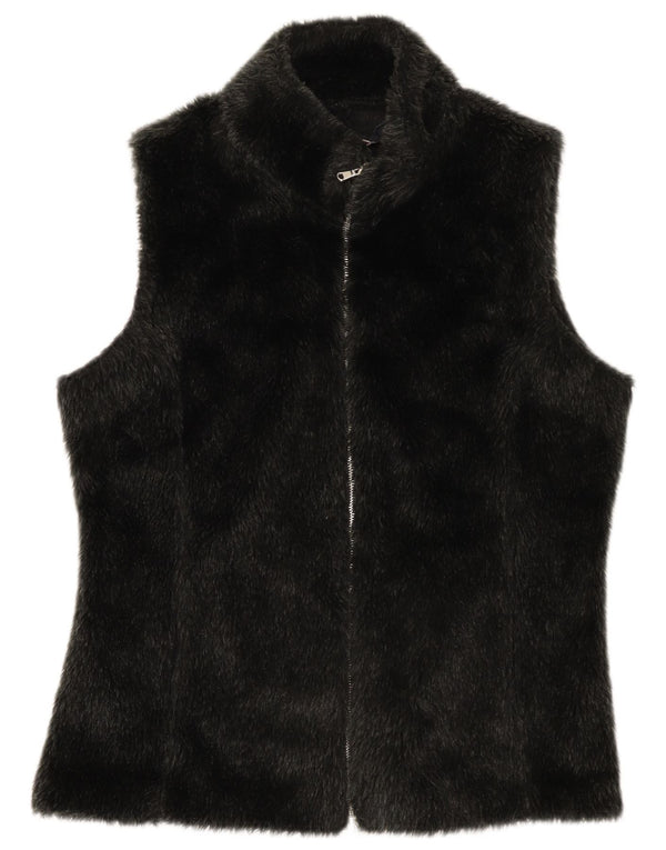 Vintage Damen Kunstpelzweste UK 14 Großes schwarzes Polyester
