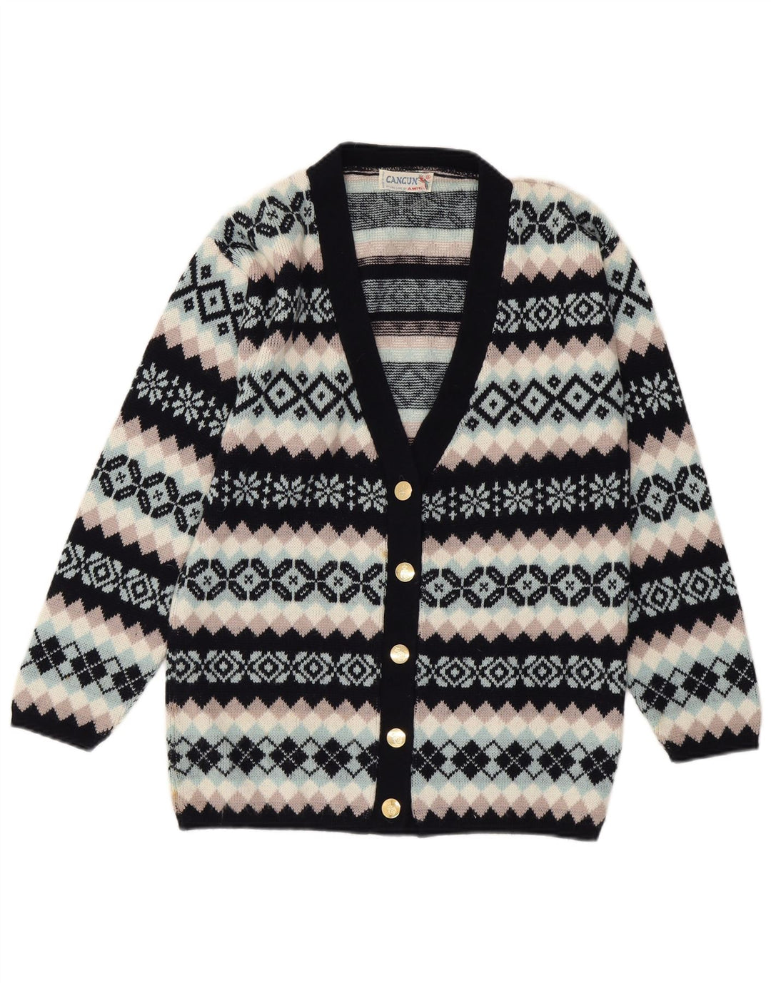 Cancun Damen-Cardigan-Pullover UK 16 Große schwarze Fair-Isle-Wolle