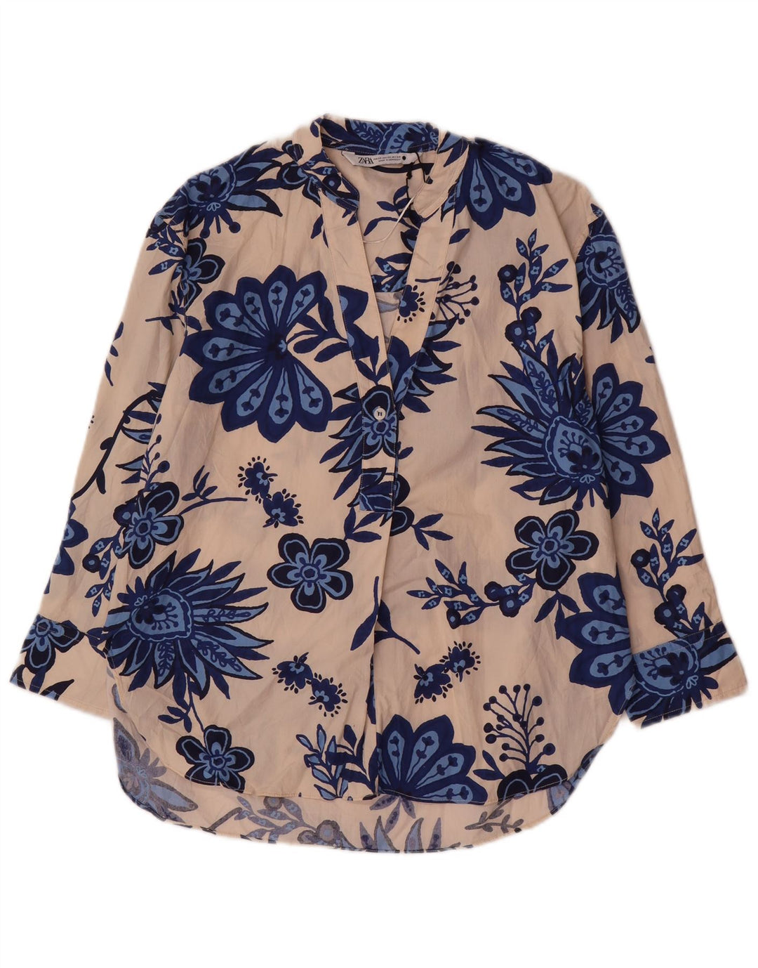 Übergroßes Pullover-Hemd von Zara für Damen, UK 6, XS, beige, geblümte Baumwolle