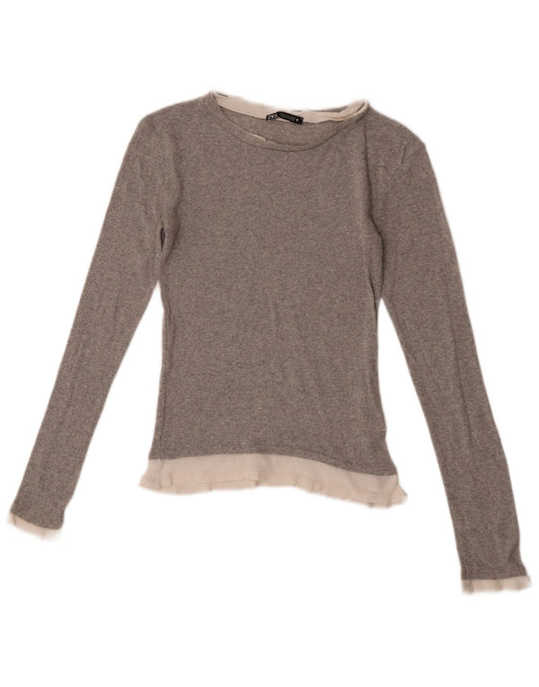 Zara Damen Top Langarm UK 8 Small Graues Colourblock-Polyester