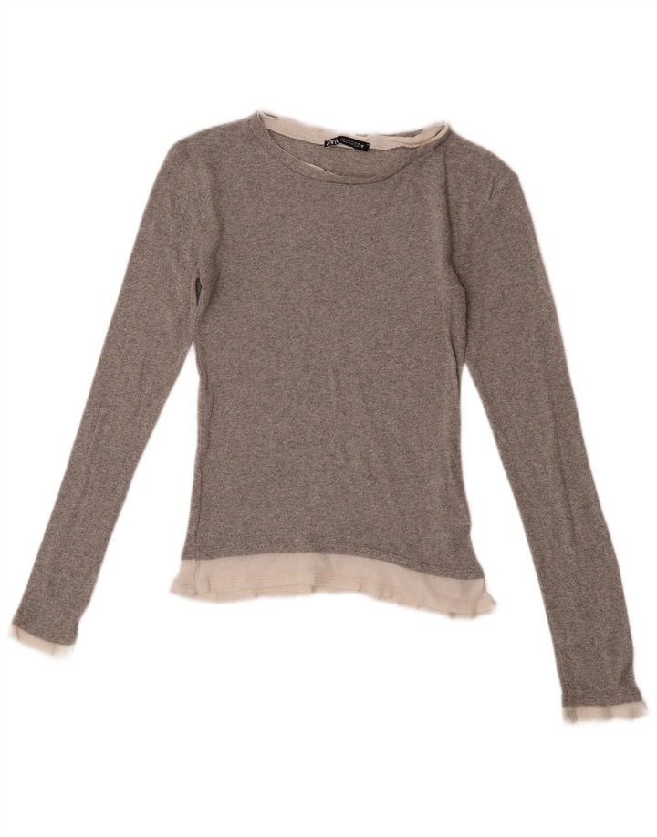 Zara Damen Top Langarm UK 8 Small Graues Colourblock-Polyester