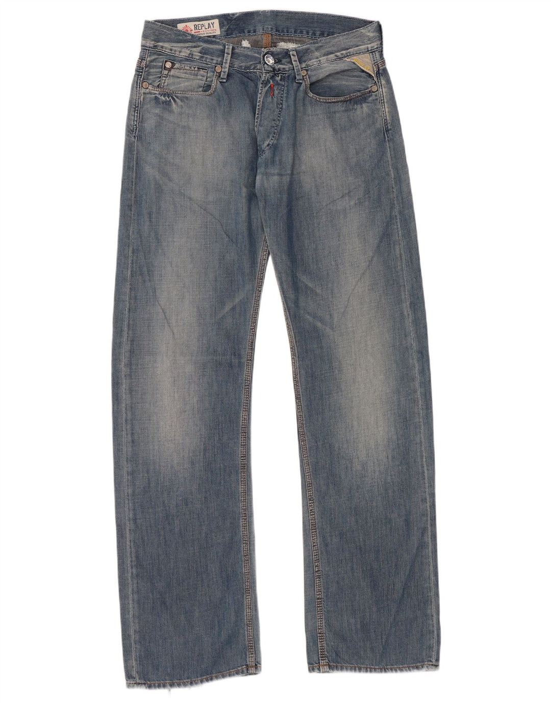 Replay Herren Graphic Straight Jeans W30 L34 Blaue Baumwolle