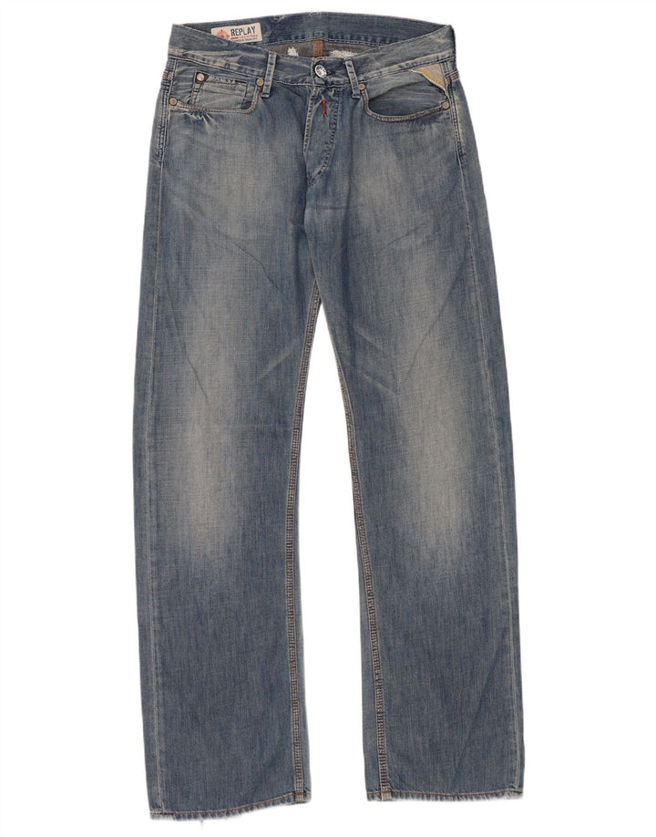 Replay Herren Graphic Straight Jeans W30 L34 Blaue Baumwolle