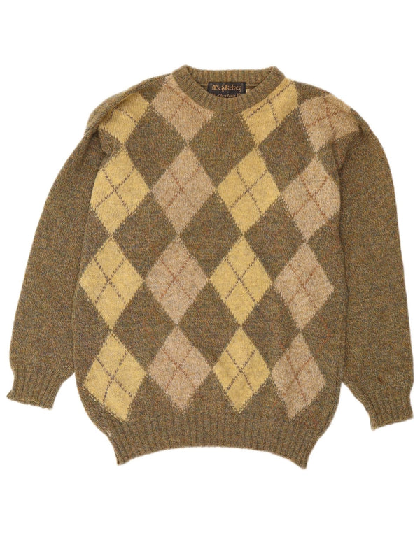 Vintage Herren Rundhalspullover Pullover UK 40 Medium Khaki Argyle/Diamant