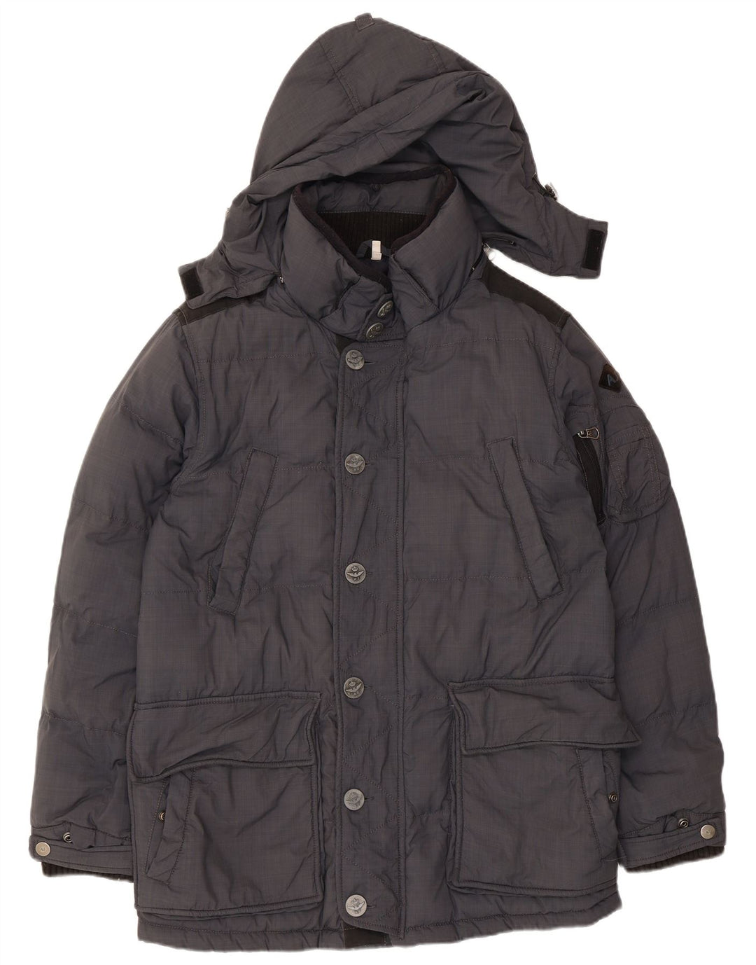 Armani Herren-Mantel mit Kapuze, gepolstert, UK 38, mittelgraues Polyamid