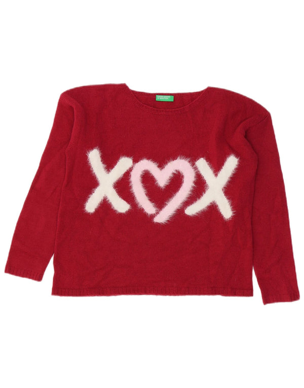 Benetton Mädchen-Pullover mit grafischem U-Boot-Ausschnitt, 10–11 Jahre, XL, rotes Acryl