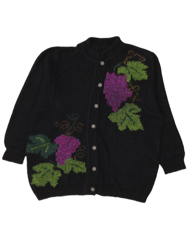 Vintage Damen Oversized Cardigan Pullover UK 10 Small Black Floral Mohair