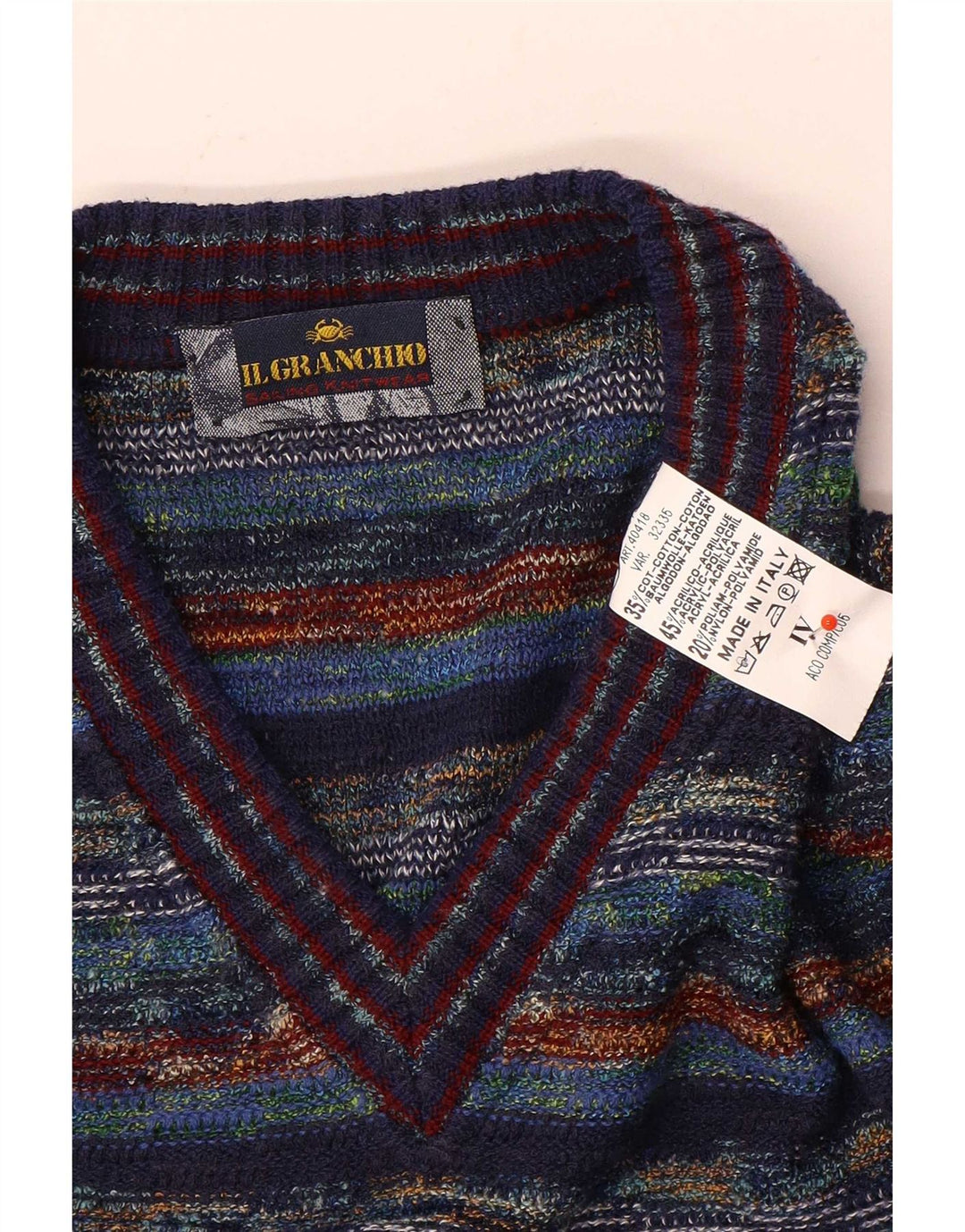 Il Granchio Herren-Pullover mit V-Ausschnitt, mittelgroß, mehrfarbig, gestreift, Baumwolle