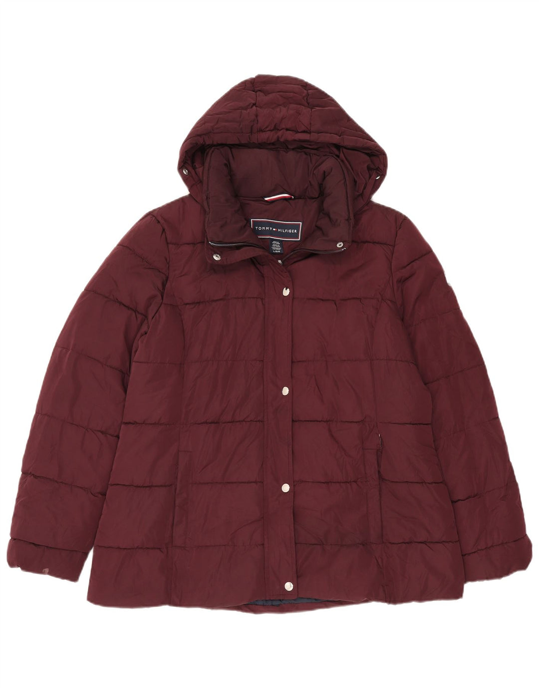 Tommy Hilfiger Wattierte Damenjacke mit Kapuze, UK 16, Größe L, Burgunderrot, Polyester