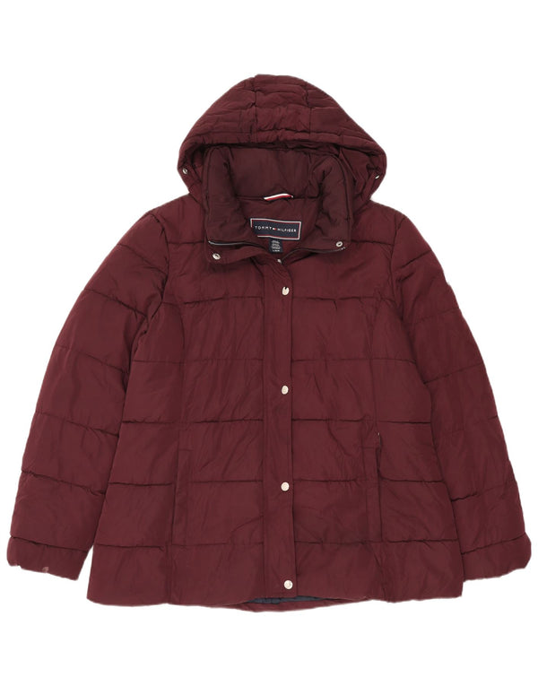 Tommy Hilfiger Wattierte Damenjacke mit Kapuze, UK 16, Größe L, Burgunderrot, Polyester