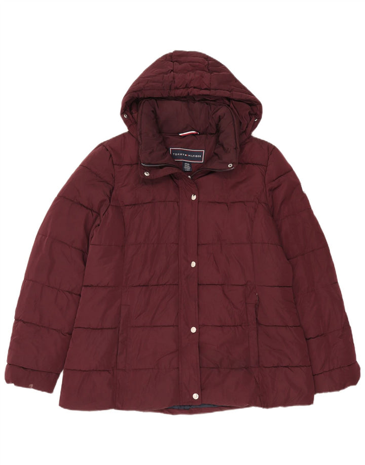 Tommy Hilfiger Wattierte Damenjacke mit Kapuze, UK 16, Größe L, Burgunderrot, Polyester