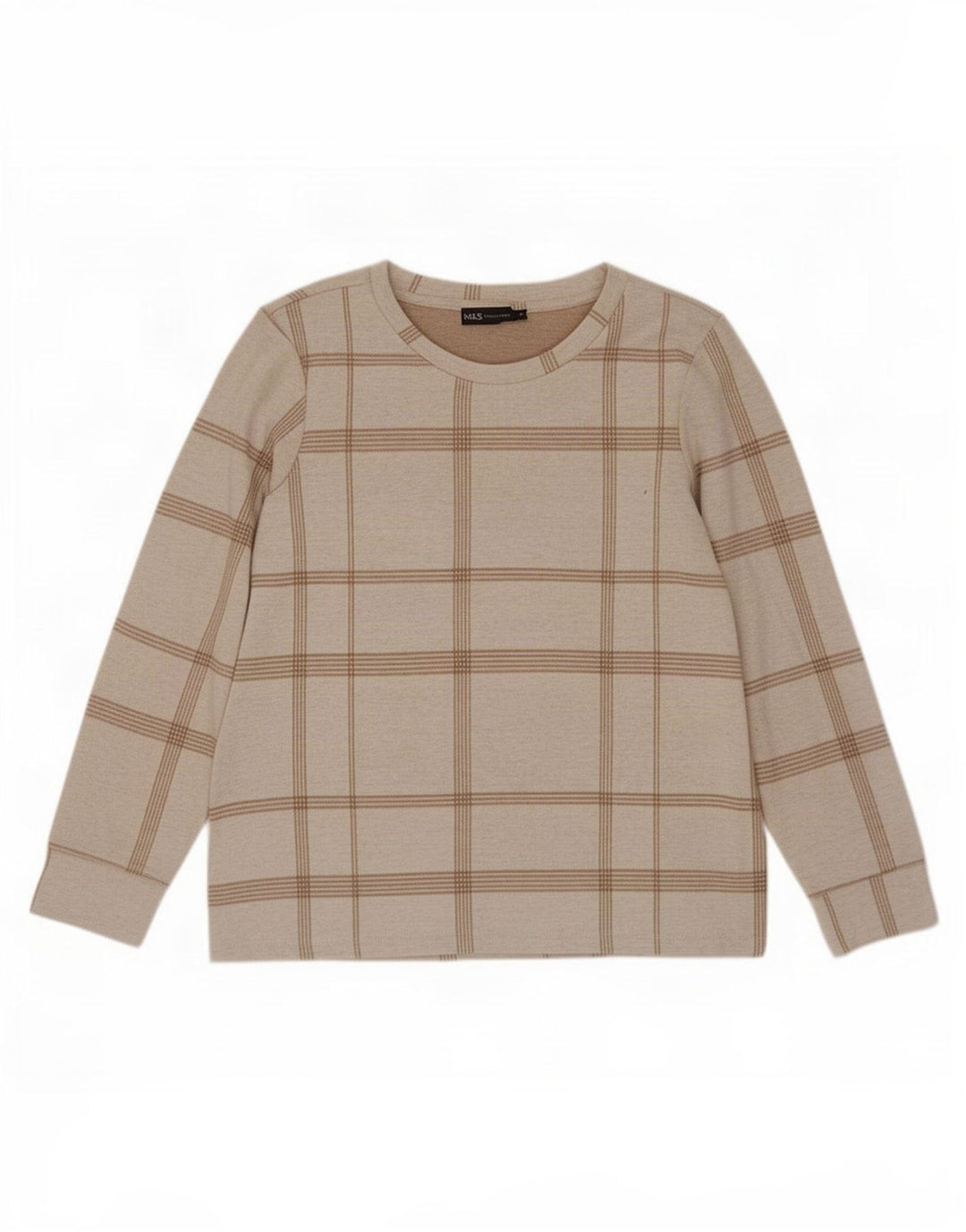 Marks & Spencer Damen Top Langarm UK 12 Mittelbeige kariertes Polyester