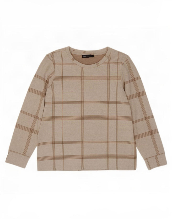 Marks & Spencer Damen Top Langarm UK 12 Mittelbeige kariertes Polyester