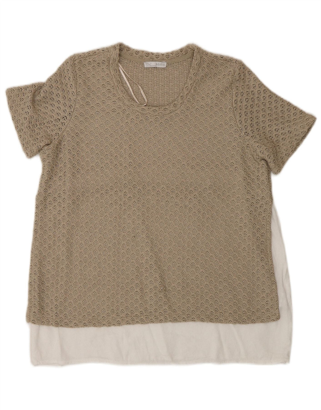 Zara Häkelblusenoberteil für Damen, UK 12, mittelbeigefarbenes Colourblock-Polyester