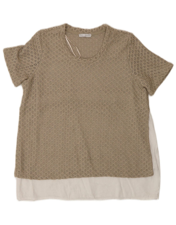 Zara Häkelblusenoberteil für Damen, UK 12, mittelbeigefarbenes Colourblock-Polyester