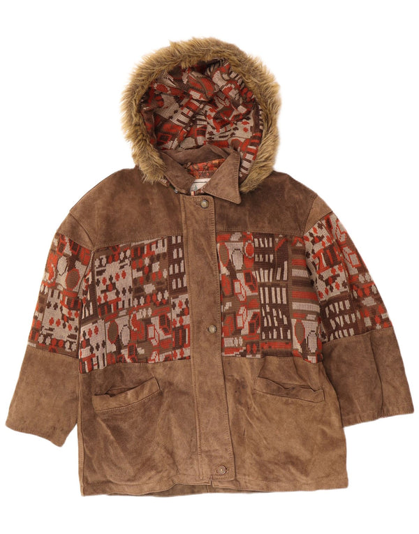 Vintage Damen Wildleder Übergroßer Windjacke IT 46 Large Beige Geometrisch