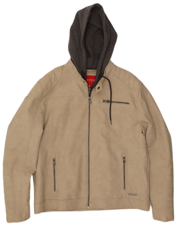 Guess Herren-Racer-Jacke aus Kunstleder mit Kapuze, UK 42, Größe L, Beige, Farbblock