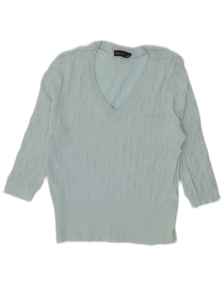Marks & Spencer Damen-Pullover mit 3/4-Ärmeln und V-Ausschnitt, Gr. 14, Mittelblau