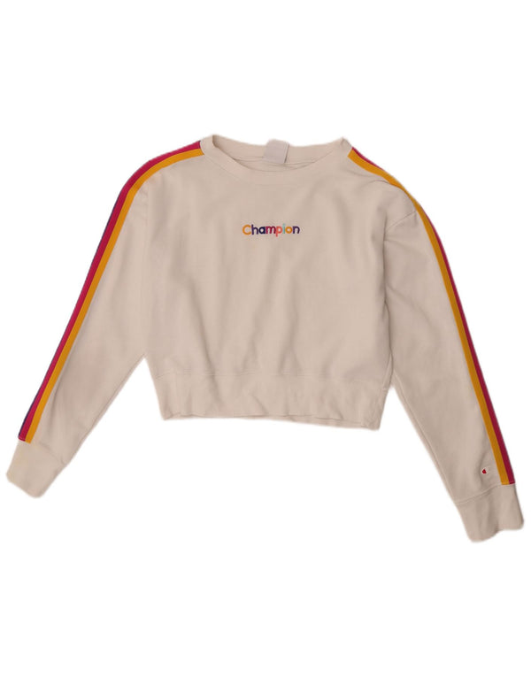 Champion Damen Crop Sweatshirt Pullover UK 14 Medium Off White Baumwolle